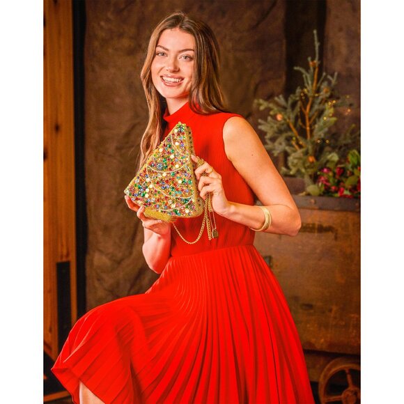 Mary Frances Glittering Joy Christmas Tree Zip Handbag Holiday Gold Bag Purse NW - Picture 1 of 7
